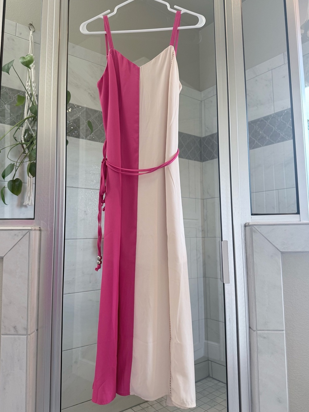 Two-Tone Pink and Cream Slip Dress with Waist Tie